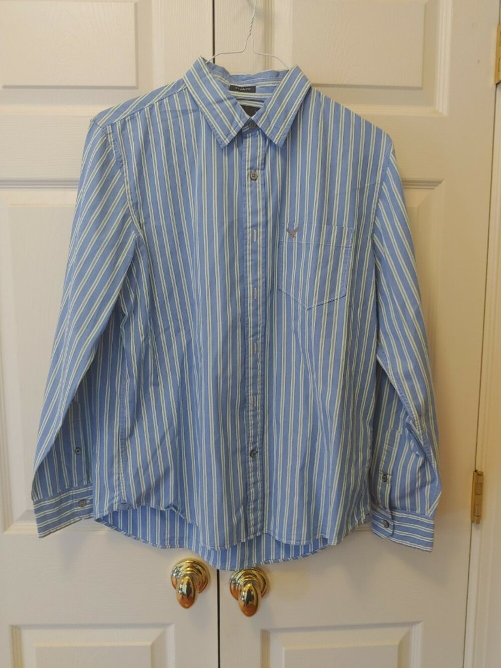 Men American Eagle Blue Green Vertical Striped Vintage Fit Dress Shirt Size L